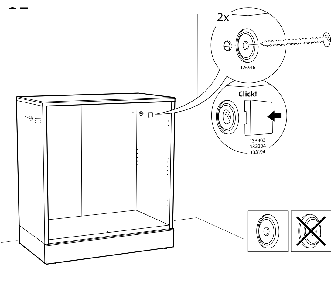 Diagram for step 25: Insert the wall-fixing insert into the cabinet side and drive the screw through it until it clicks into place, using the shown insert orientation.