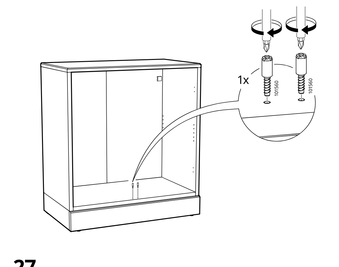 Diagram for step 26: Install one cam screw pair (101560) into the cabinet base from inside, tightening both with a screwdriver as shown in the zoom callout.