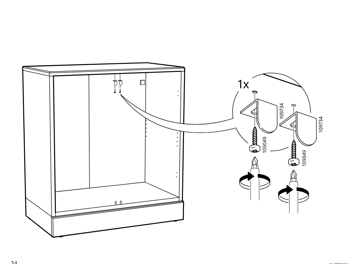 Diagram for step 27: Attach one bracket pair (109734) at the top inside area using two screws (109049), tightening both screws with a screwdriver as indicated.