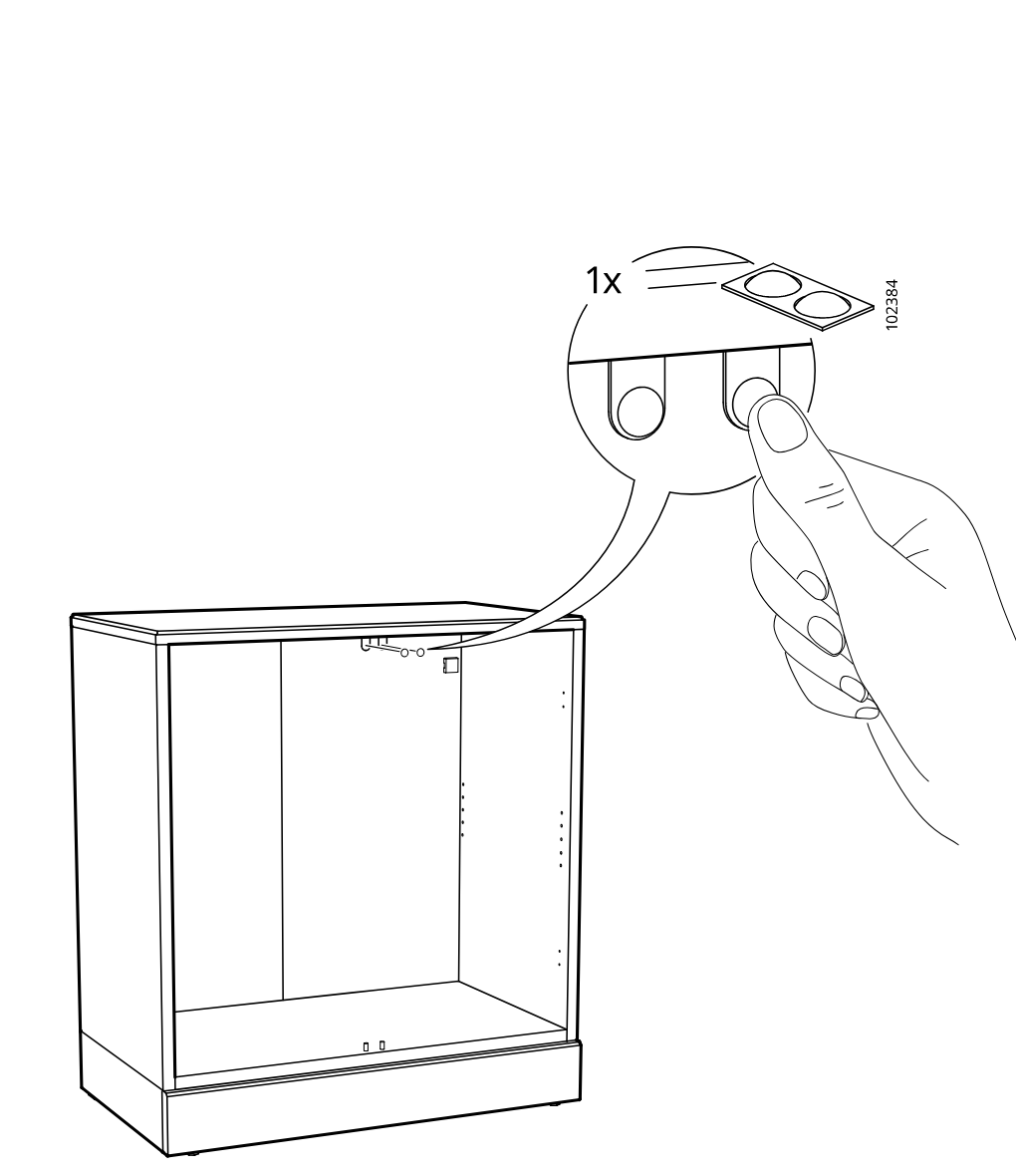 Diagram for step 28: Presses 1 adhesive pad part 102384 onto the inside of the cabinet top area as indicated by the zoom callout.