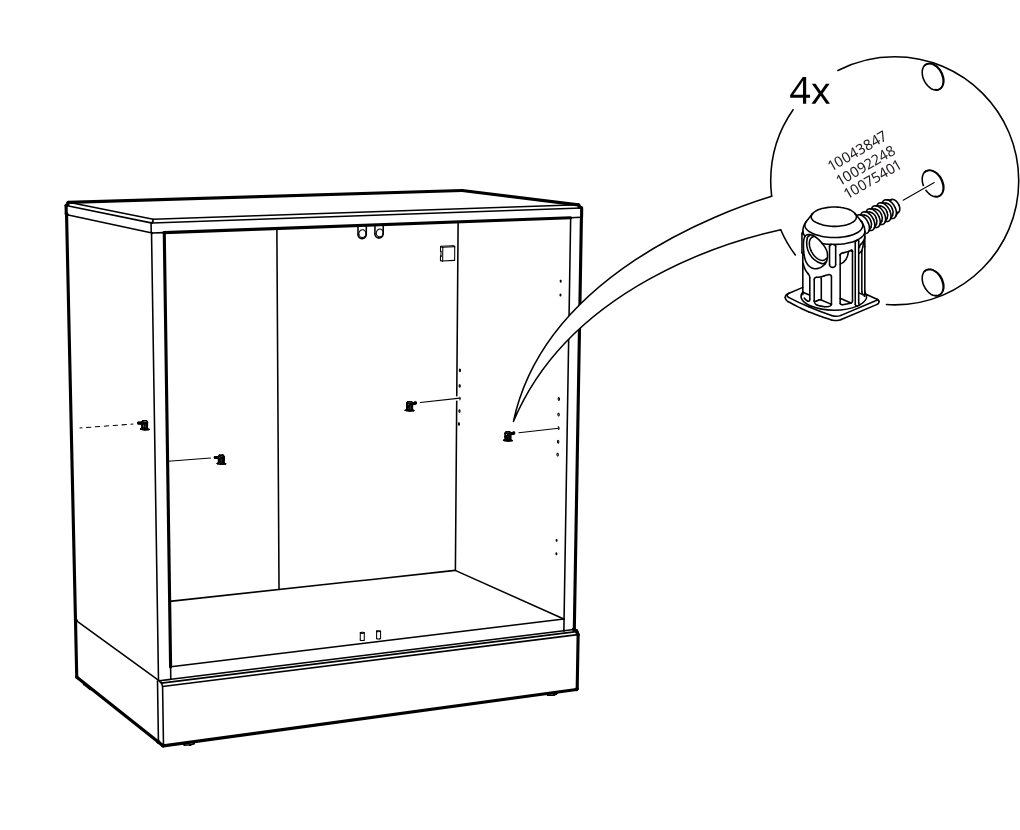 Diagram for step 29: The cam fittings are installed into the cabinet side and back panel holes, with a zoom callout indicating the required hardware is used four times.