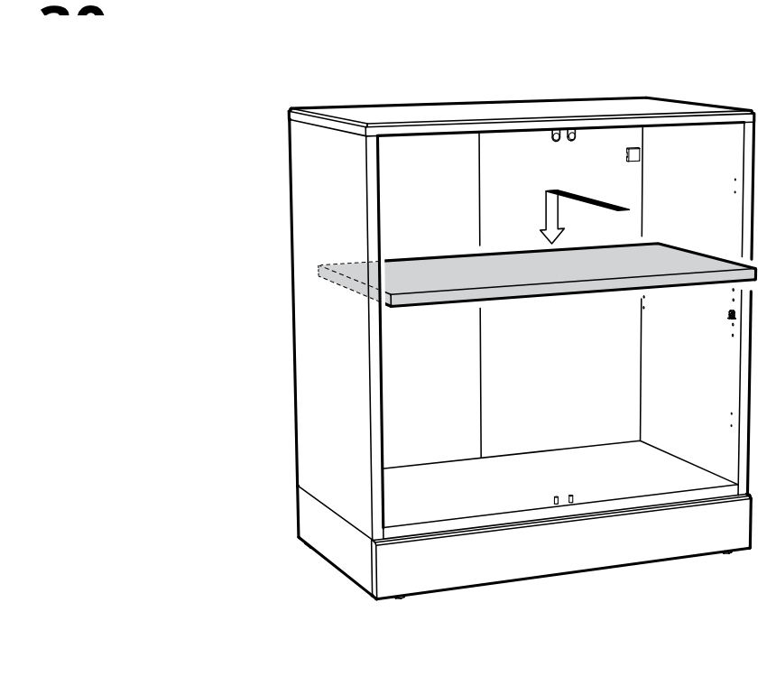 Diagram for step 30: A shelf panel is lowered into the cabinet interior and aligned onto the installed fittings.