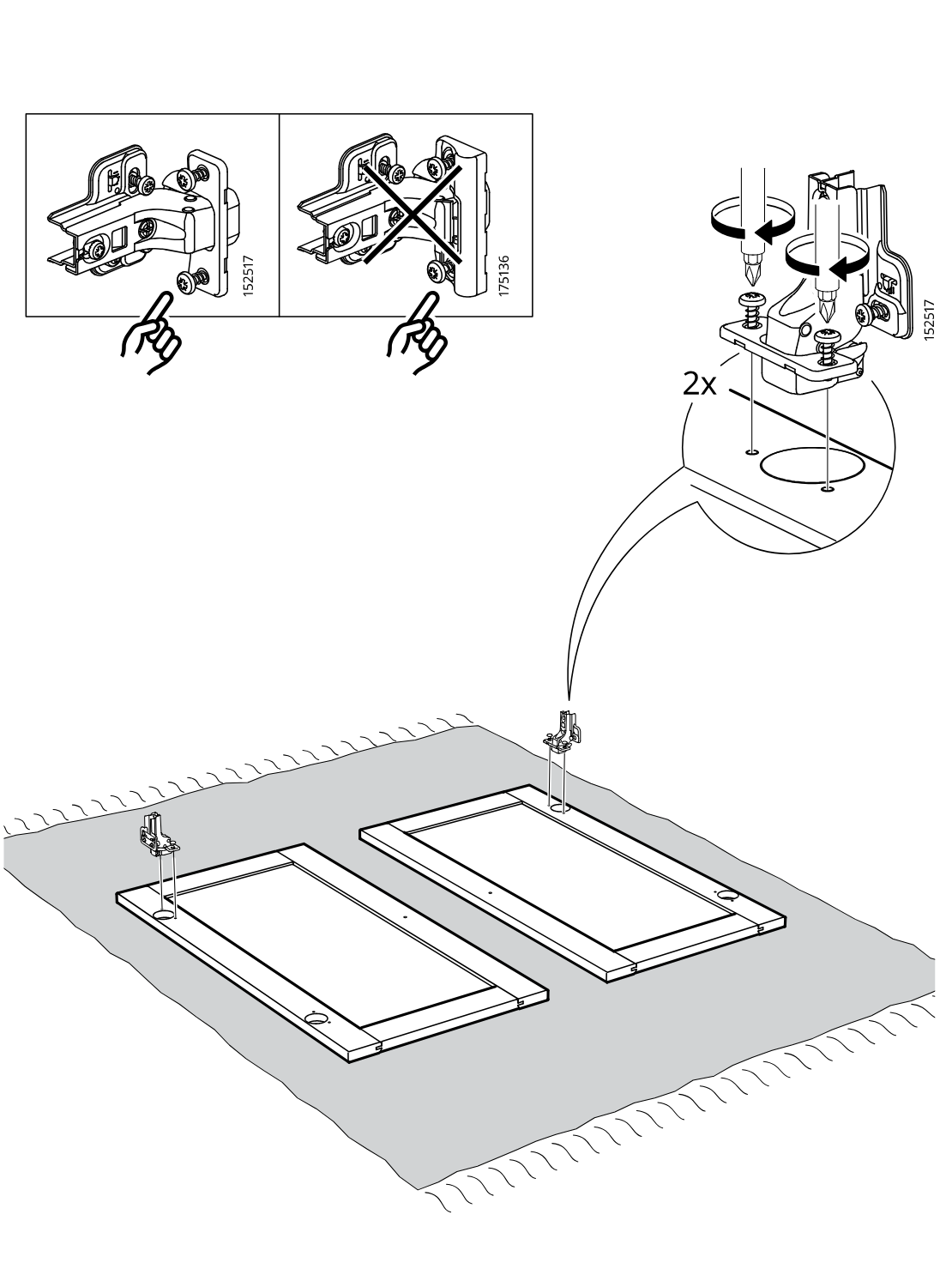 Diagram for step 31: The installer positions two hinge plates on the two door panels, confirms correct hinge orientation versus the crossed-out alternative, and tightens two screws per hinge.
