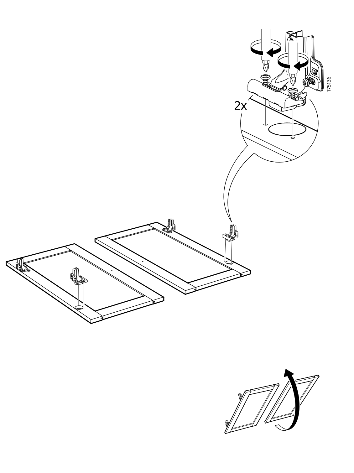 Diagram for step 32: The installer positions and secures two hinge plates on the two door panels (2x), then flips the assembled doors upright as indicated by the rotation arrow.
