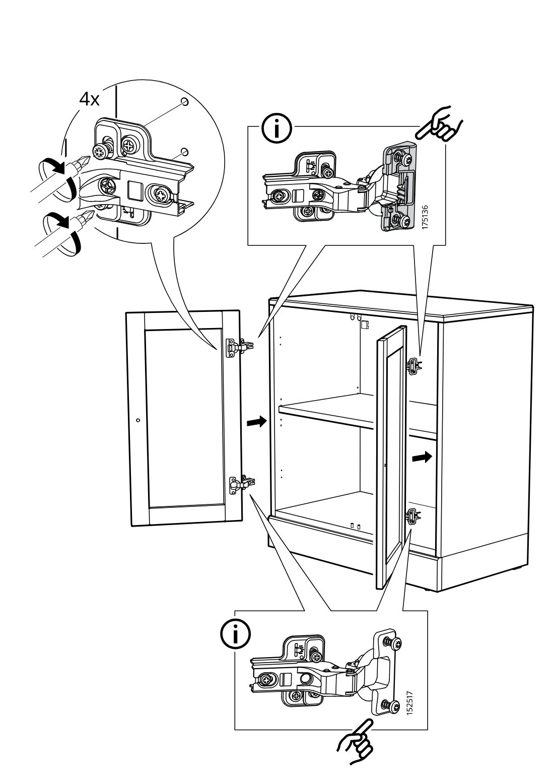 Diagram for step 33: The door with pre-mounted hinges is aligned to the cabinet and pressed onto the hinge plates, with callouts showing screw adjustment and two hinge-plate variants for correct attachment.