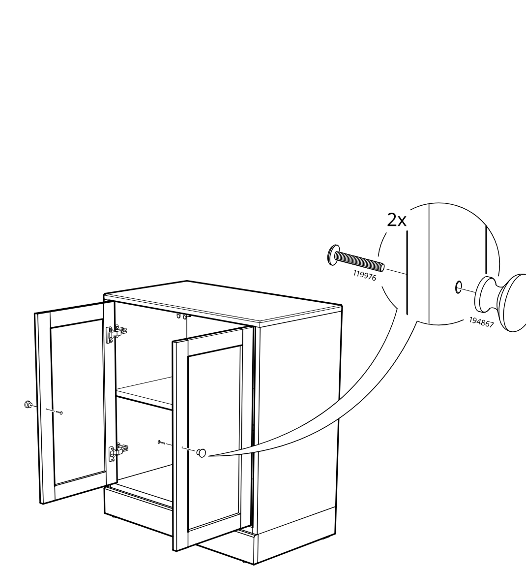 Diagram for step 34: Attach two knob assemblies by inserting screw 119976 through each door from the inside and tightening knob 194867 on the outside.