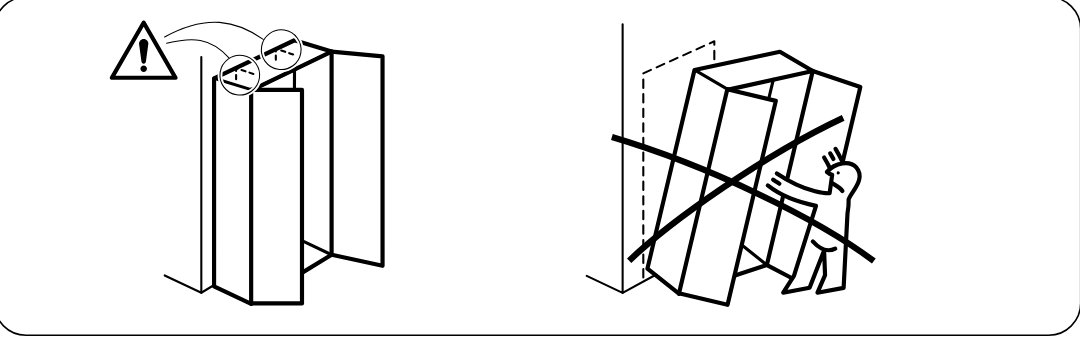 Illustration for assembly note: Safety panel shows the cabinet must be fixed to the wall and must not be pulled forward or tipped.
