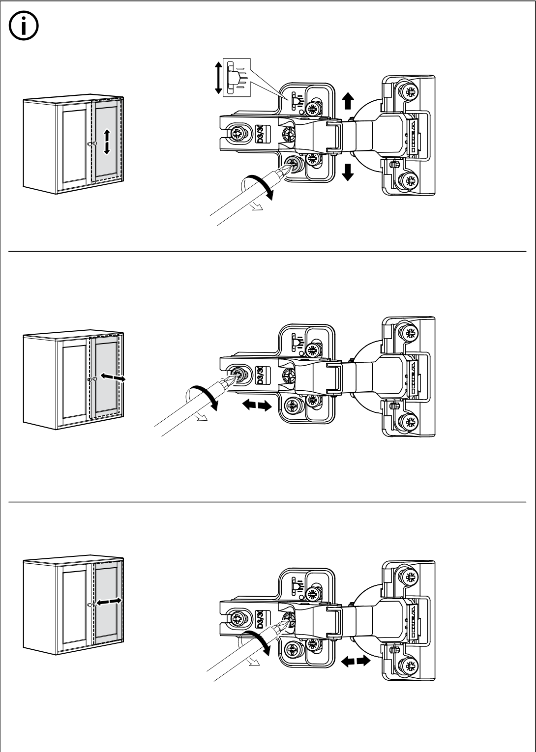 Illustration for assembly note: Three standalone circled-info panels show hinge adjustment instructions: vertical adjustment, depth adjustment, and side adjustment using screwdriver turns and directional arrows.