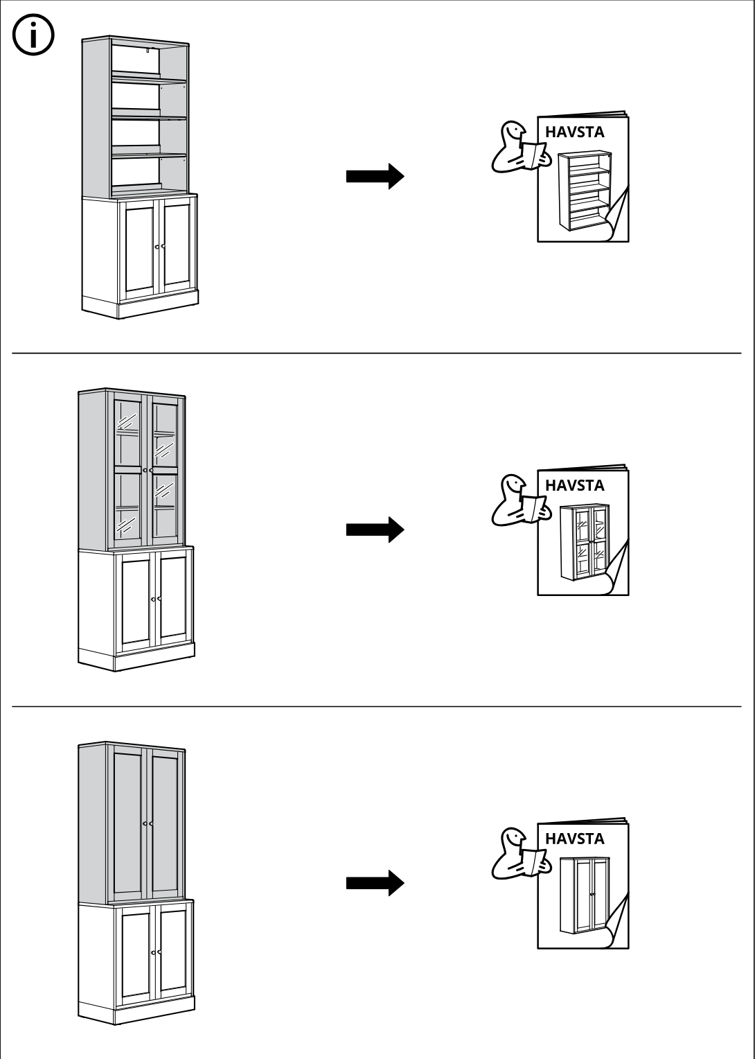 Illustration for assembly note: Three stacked informational panels with a circled i show completed HAVSTA cabinet combinations and direct the user to the corresponding detailed manual for each upper-unit door/shelf configuration.