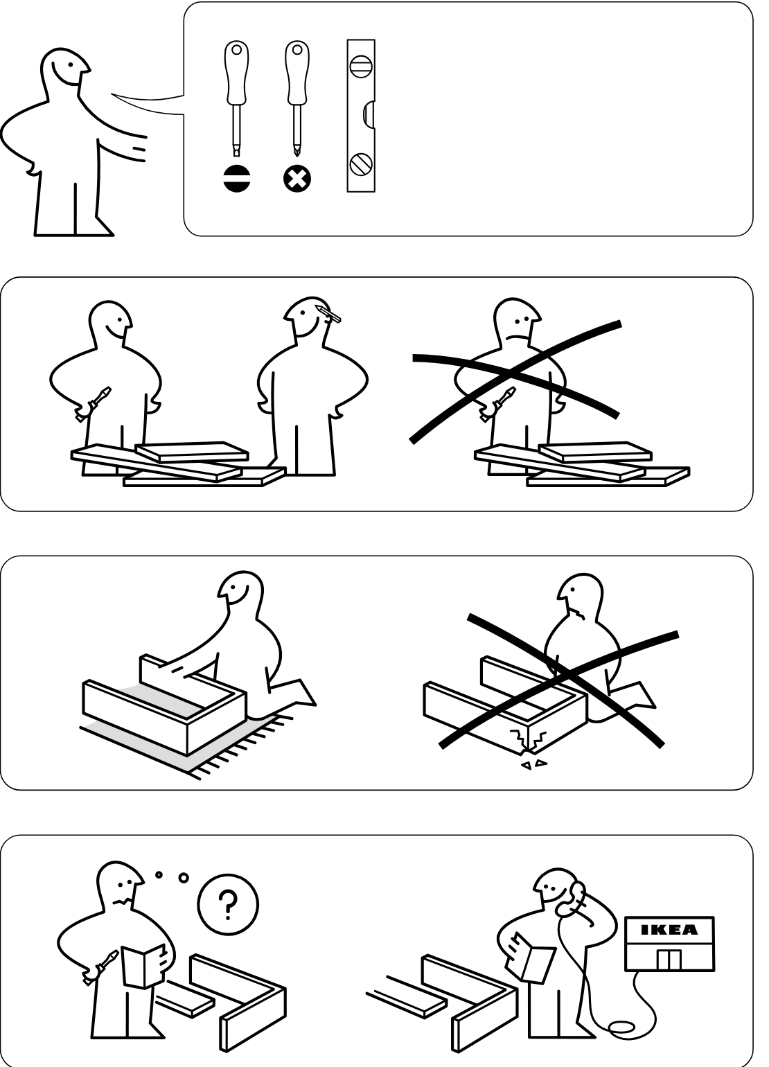 Illustration for assembly note: Preparation and safety guidance panels show using correct tools, assembling with two people, avoiding floor damage by working on a soft surface, and contacting IKEA support if unsure.