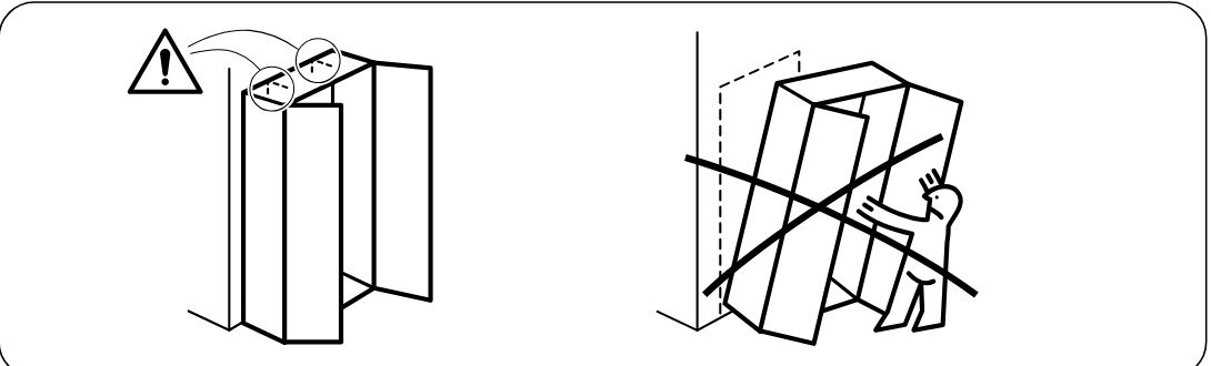 Illustration for assembly note: Two safety panels show cabinet stability cautions: ensure proper setup/alignment and do not let the unit tip while being handled.