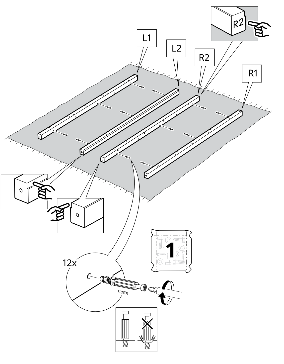 Diagram for step 1: The four long rails are laid out in orientation L1, L2, R2, and R1, then 12 cam screws (118331) are installed with a screwdriver while following the shown face-direction and insertion-depth warnings, with hardware taken from bag 1.