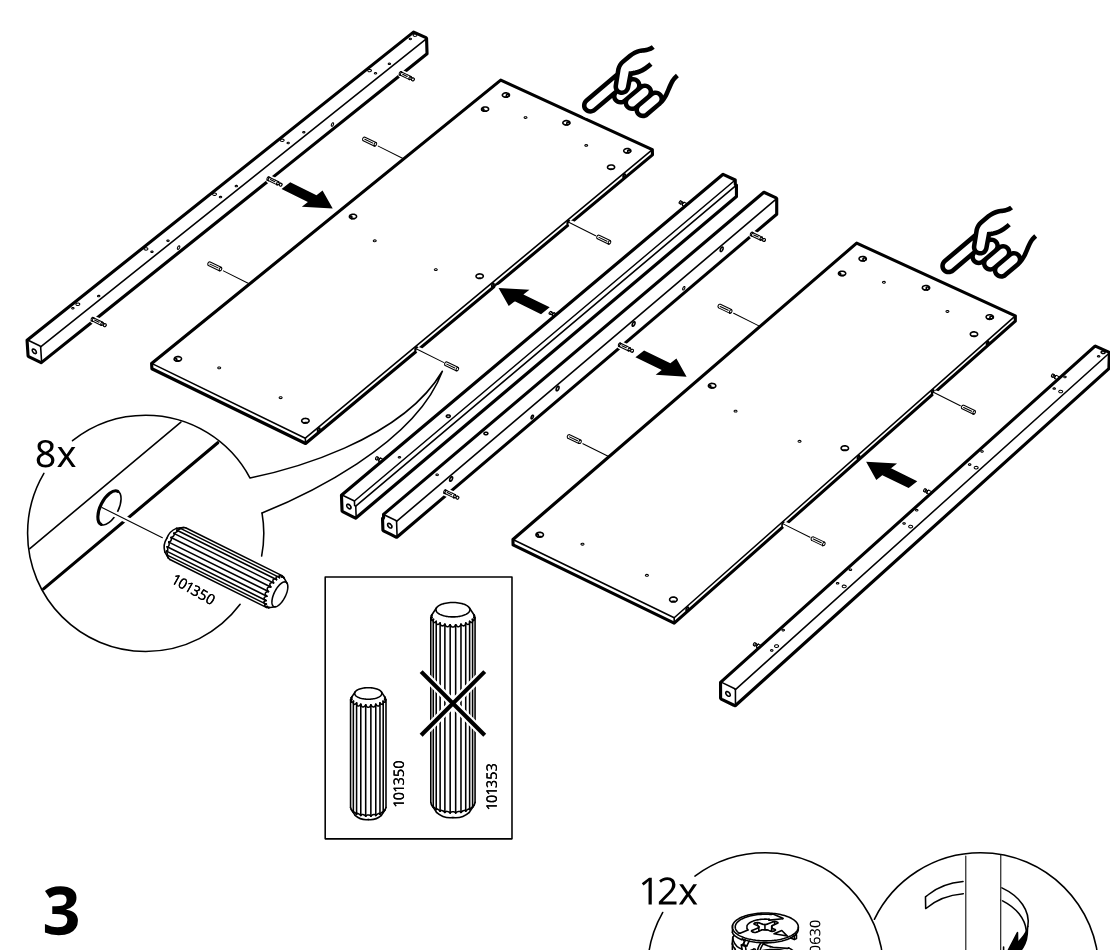 Diagram for step 2: Two side rails are aligned and slid onto each panel edge with eight 101350 dowels inserted, while an inset note indicates to use dowel 101350 and not 101353.