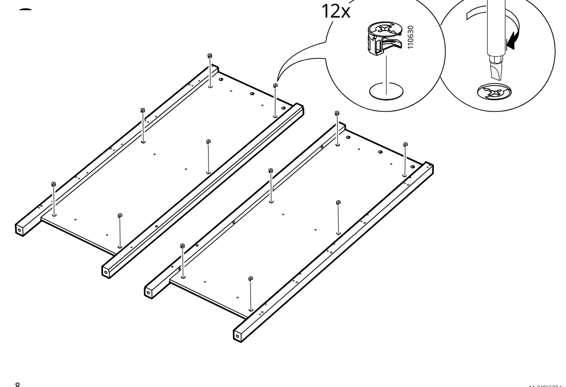 Diagram for step 3: Twelve cam locks 110630 are inserted into the predrilled holes on the two assembled panel units and tightened as shown in the circular callouts.