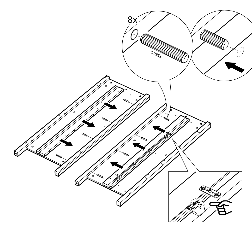 Diagram for step 4: The installer inserts eight wooden dowels (101353) into the indicated holes and slides the long center rails in the arrow direction on both mirrored panel assemblies, then engages the small latch clips as shown in the zoomed inset.