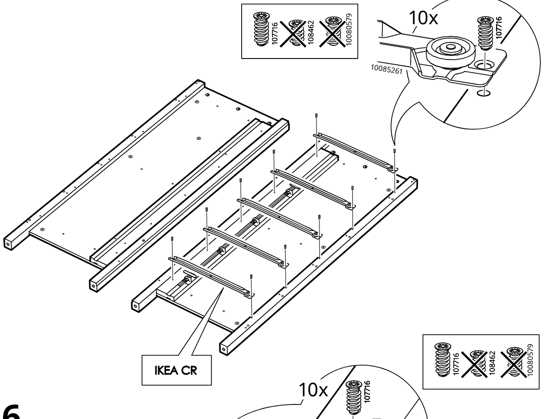 Diagram for step 5: The panel labeled IKEA CR is assembled by fastening five crossbars with ten screws 107716, with hardware-type exclusions shown in the inline screw comparison box and a zoomed wheel-bracket screw detail.