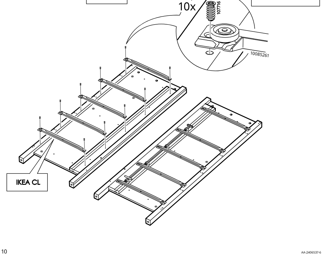 Diagram for step 6: The panel labeled IKEA CL is assembled similarly by fastening five crossbars with ten screws 107716, shown with a zoomed wheel-bracket screw detail and inline screw comparison box, while the completed opposite panel is shown alongside.