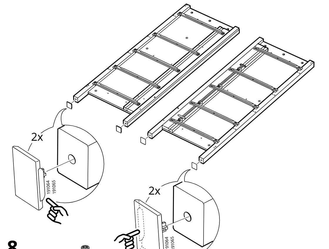 Diagram for step 7: The installer presses two cover pieces (part numbers 191064/191065) onto the open rail ends on both frame assemblies, two per side.