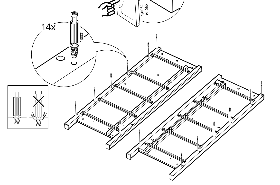 Diagram for step 8: Fourteen cam screws (118331) are inserted upright into the marked holes across both frame assemblies, with the inset indicating correct insertion orientation.