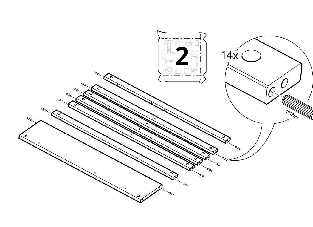 Diagram for step 9: The installer inserts fourteen wooden dowels (101350) into the predrilled holes of the long rails and panel parts, as indicated by the hardware bag callout and zoom detail.