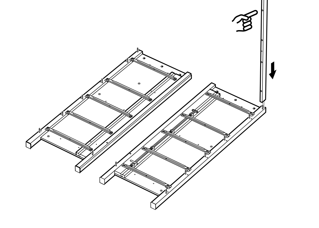 Diagram for step 10: The two panel assemblies are positioned side by side and a long upright piece is oriented and pressed downward onto the exposed dowels at the right side.
