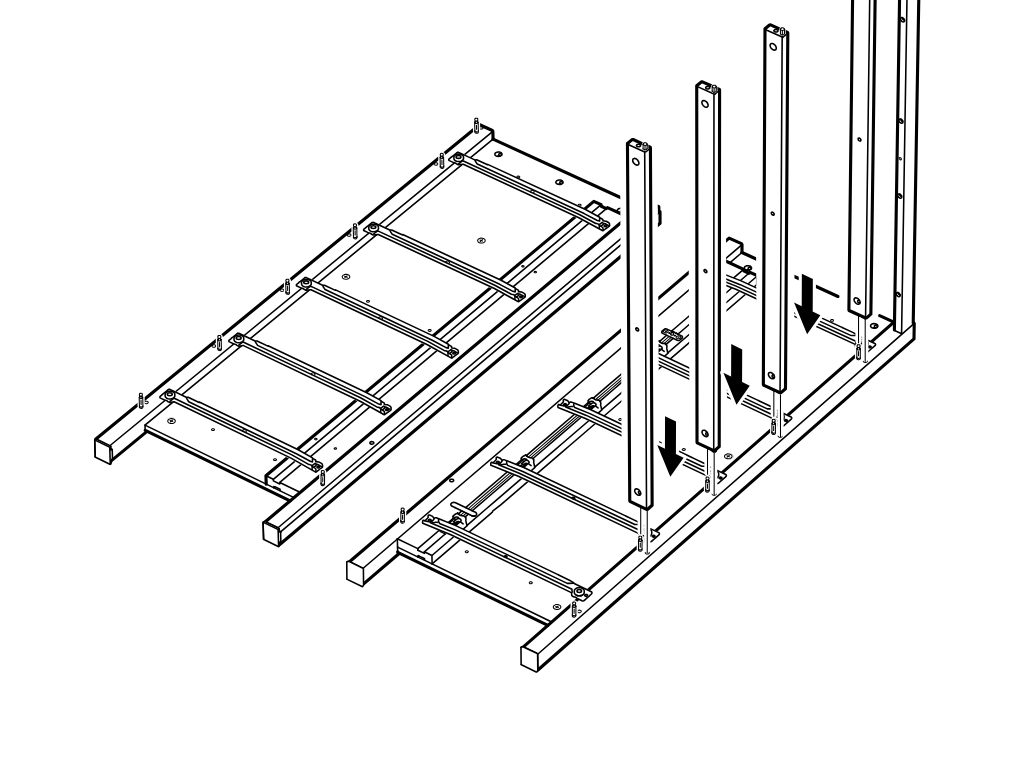 Diagram for step 11: The frame is laid on its side and multiple upright posts are inserted downward into the predrilled positions along the side rail.