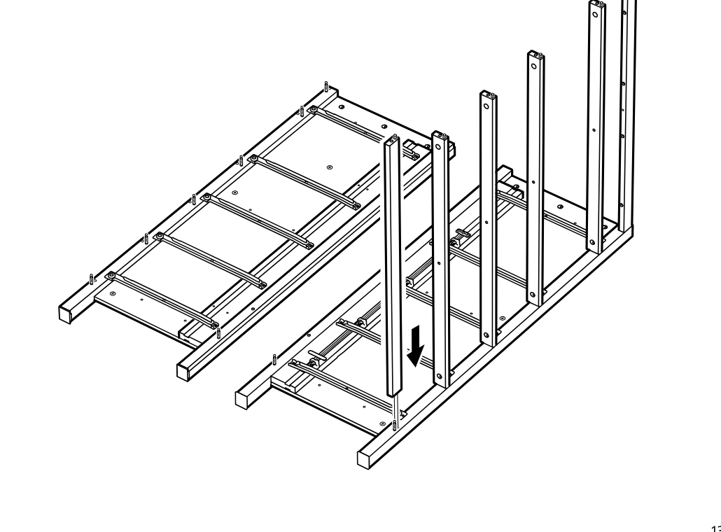 Diagram for step 12: An additional upright post is lowered into the remaining slot so all vertical posts are installed along the rail.
