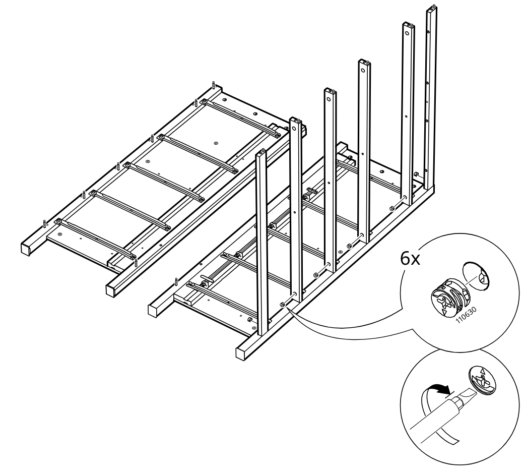 Diagram for step 13: The frame is assembled with upright side posts and cam locks, then the cams are tightened with a screwdriver as shown in the zoom callout.