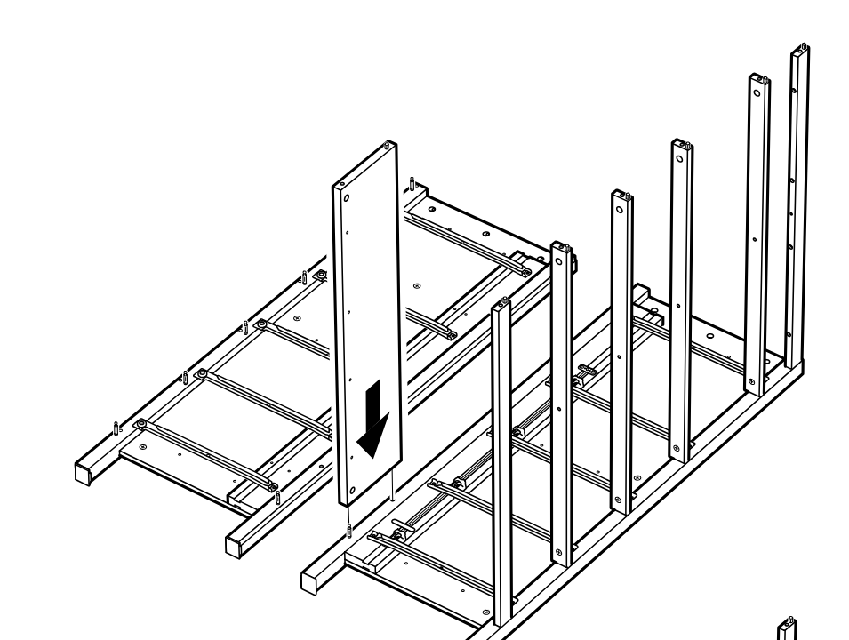 Diagram for step 14: One tall side panel is positioned upright onto the frame and aligned with the predrilled holes.