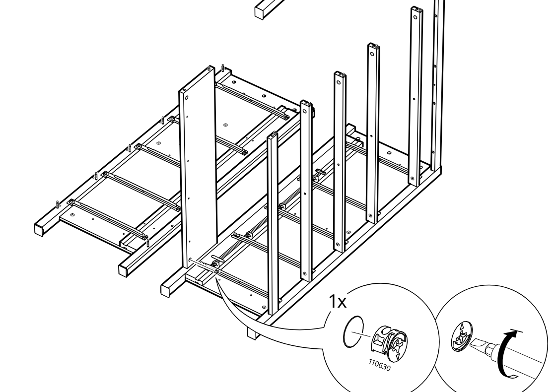 Diagram for step 15: The side panel is secured to the frame with one cam lock, then tightened as shown in the two zoom callouts.