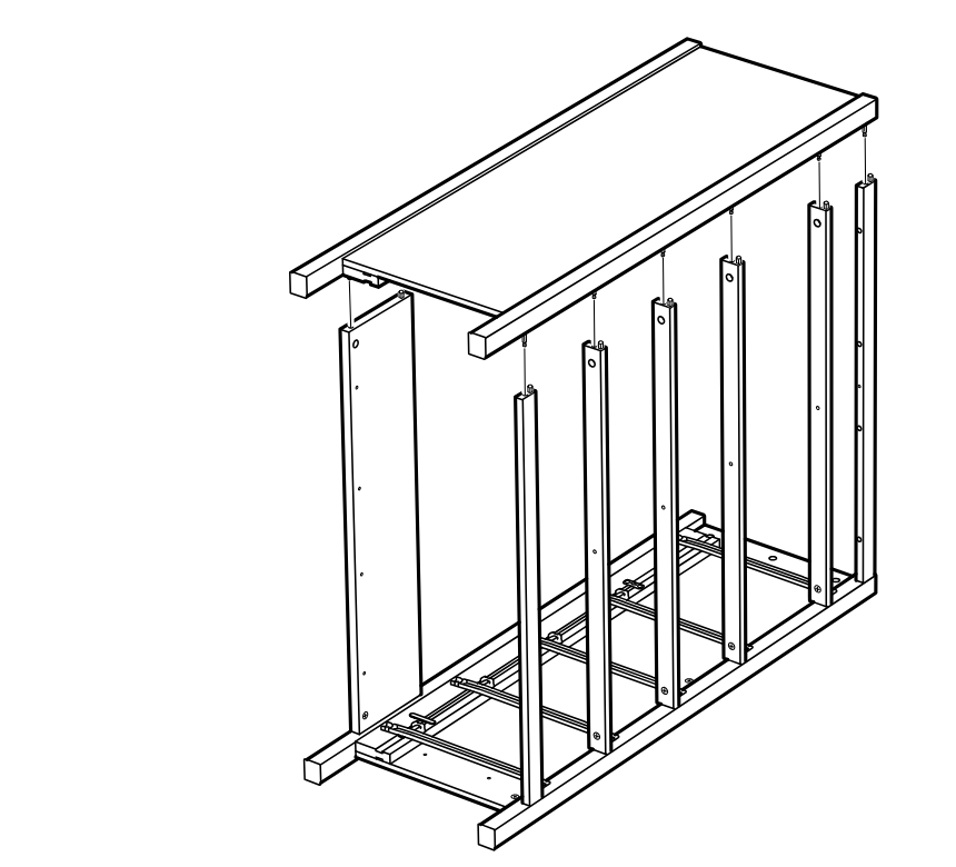 Diagram for step 16: The side and inner vertical panels are positioned upright on the base frame and aligned beneath the top panel with hardware points indicated.