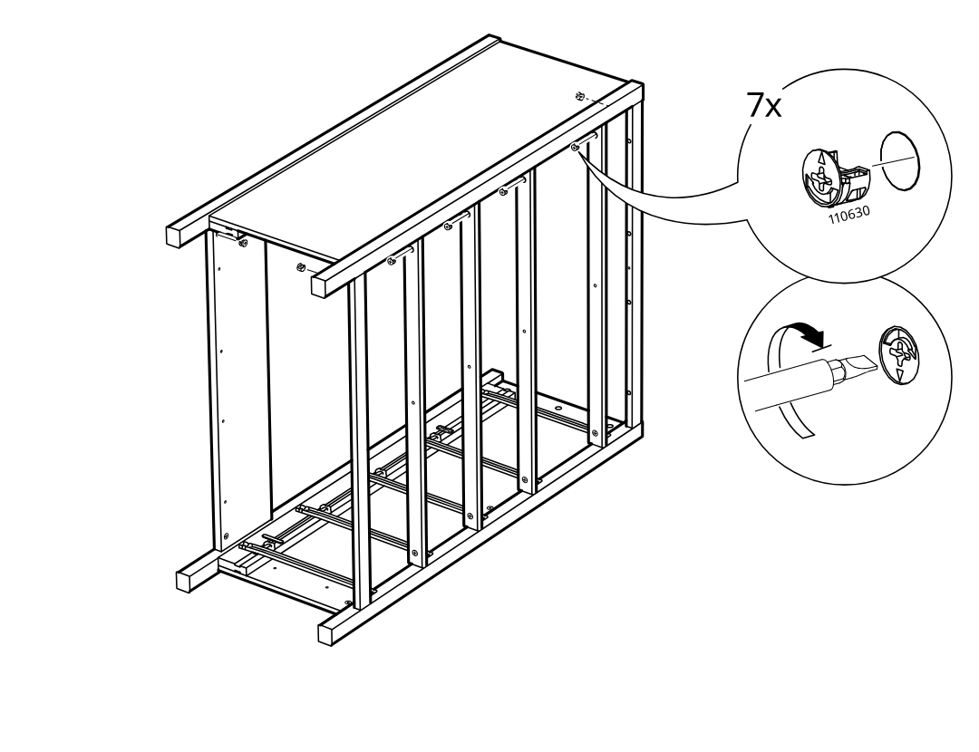 Diagram for step 17: Seven cam locks (110630) are inserted and tightened with a screwdriver along the upper rail and panel connections, as shown in the zoom callouts.