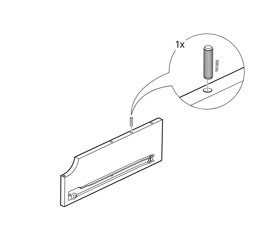 Diagram for step 18: Insert one 101350 wooden dowel into the top hole of the side panel, as shown in the zoomed callout.