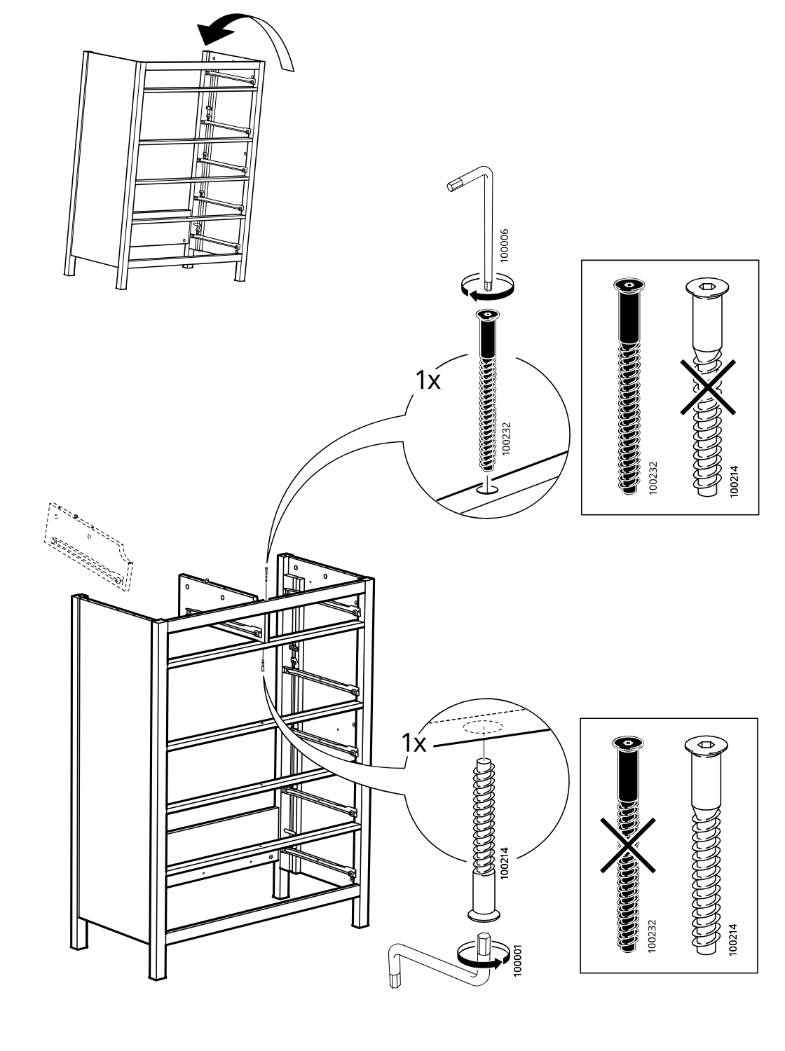 Diagram for step 19: The frame is turned and two different threaded inserts are installed in the indicated top and lower positions using the hex key, with callouts showing which insert type is correct for each location.