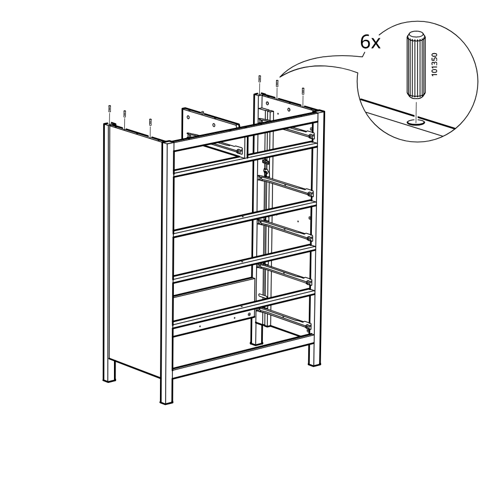 Diagram for step 20: Insert six wooden dowels (101350) into the top holes of the frame, as indicated by the zoom callout.