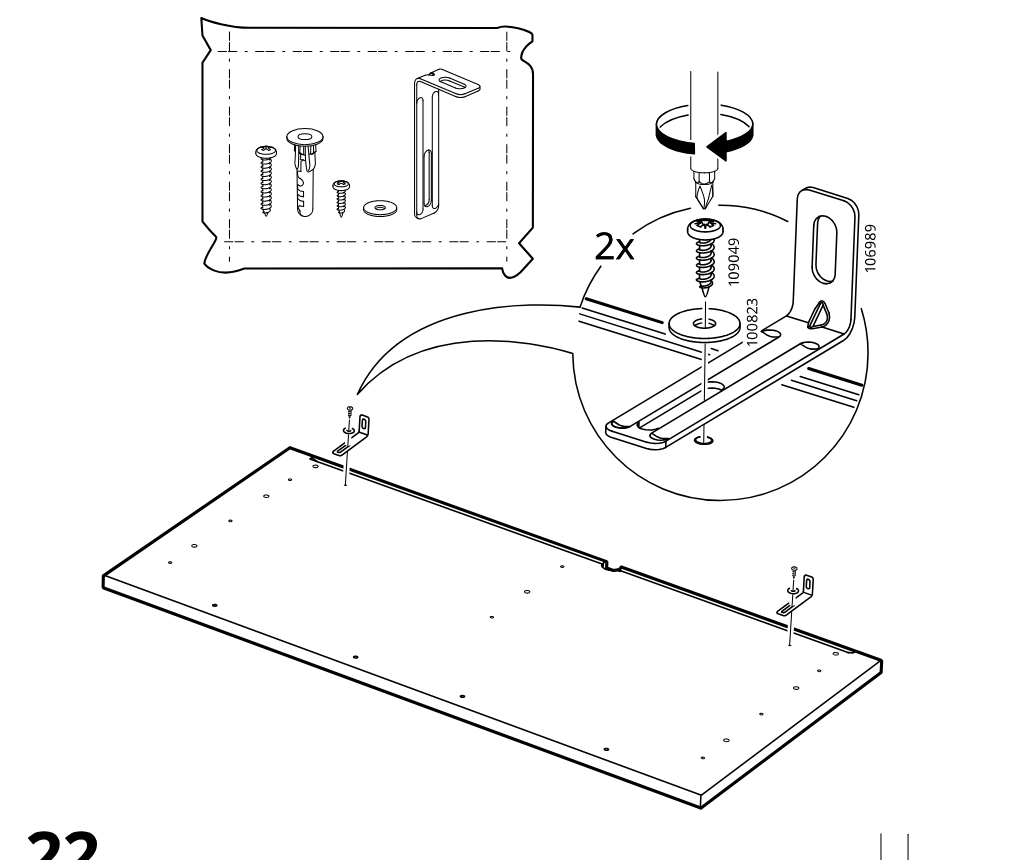 Diagram for step 21: The installer positions two metal brackets on the panel edge and screws each bracket in place with a screw and washer set.