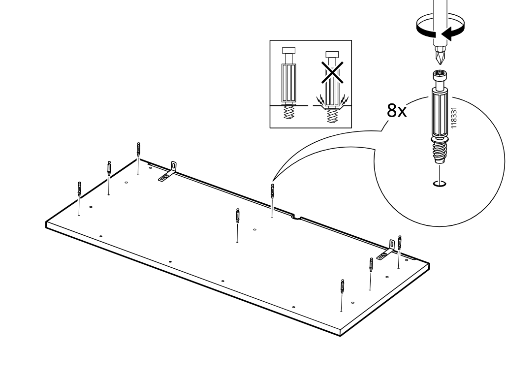 Diagram for step 22: The installer threads eight dowel bolts into the panel holes, with an inset showing the correct depth/orientation and a crossed-out incorrect example.