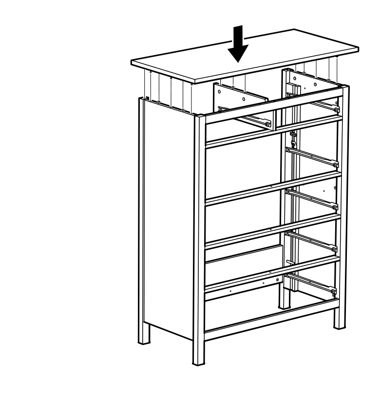 Diagram for step 23: The top panel is lowered onto the cabinet frame and aligned with the upper side structures.