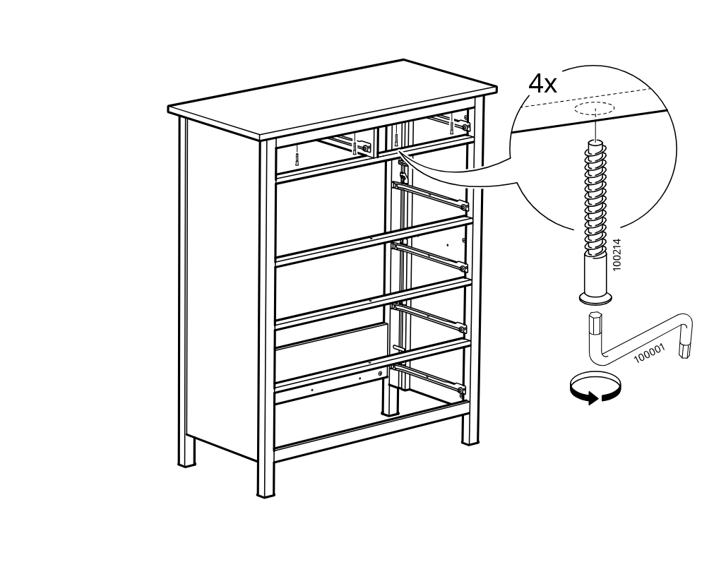 Diagram for step 24: Four screws (100214) are tightened with the hex key (100001) to secure the top panel to the frame, as shown in the zoom callout.