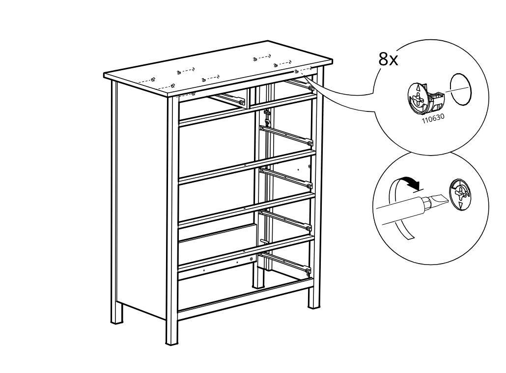 Diagram for step 25: The frame assembly is shown while eight cam locks (110630) are inserted and tightened with a screwdriver, with zoom callouts indicating placement and turning direction.