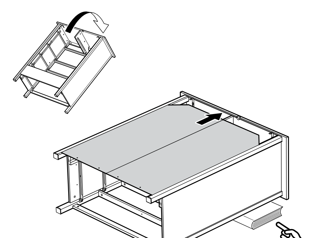 Diagram for step 26: The frame is turned and the large panel is slid into position on top of the structure.