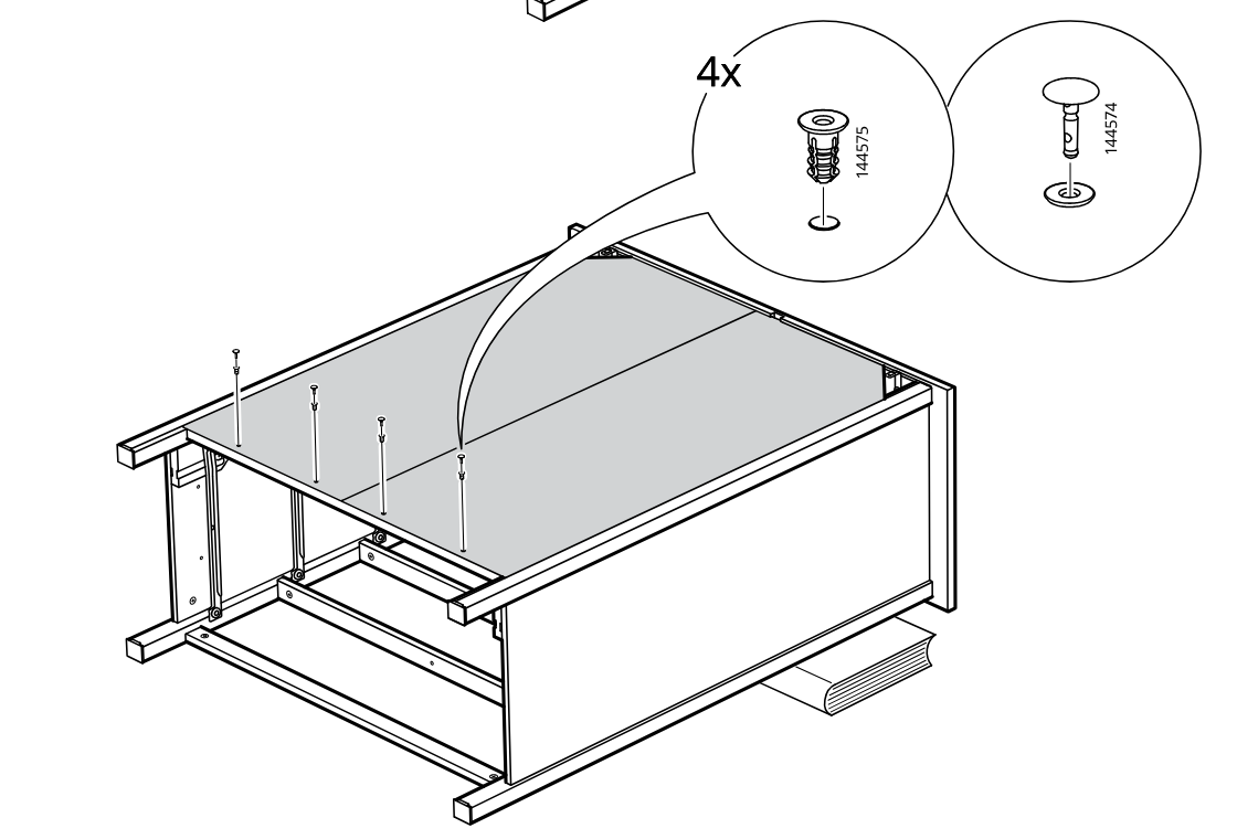 Diagram for step 27: Four fasteners are inserted through the top panel, as shown in the zoom callout for parts 144575 and 144574.