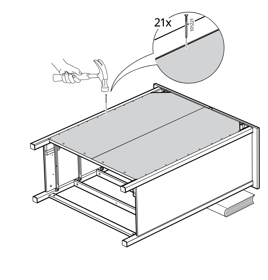 Diagram for step 29: The assembler hammers in 21 nails (part 101221) around the back panel perimeter while the unit is laid on its front, with a zoom callout showing nail placement at the panel edge.