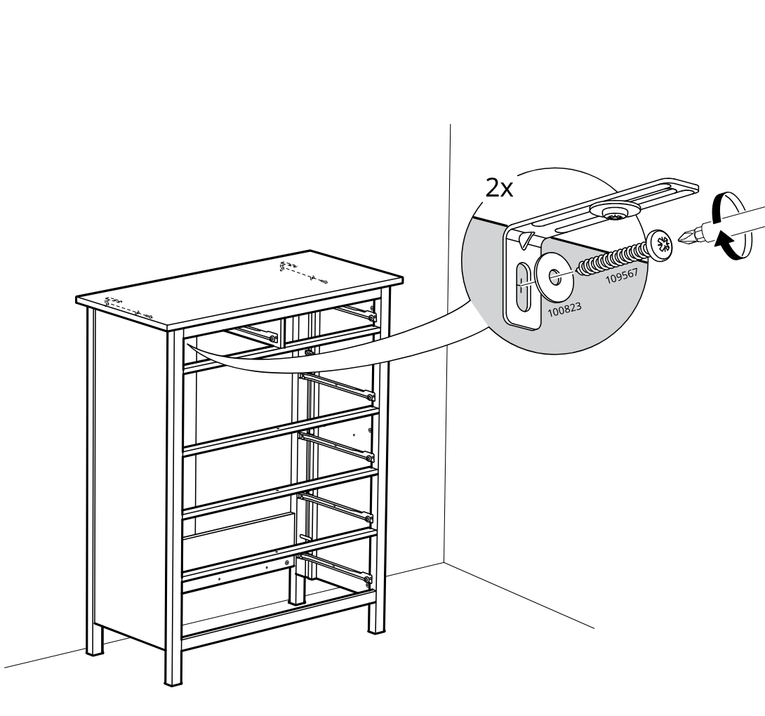 Diagram for step 33: Secure the anti-tip wall bracket to the wall and cabinet area using two screws, as shown in the zoomed inset.