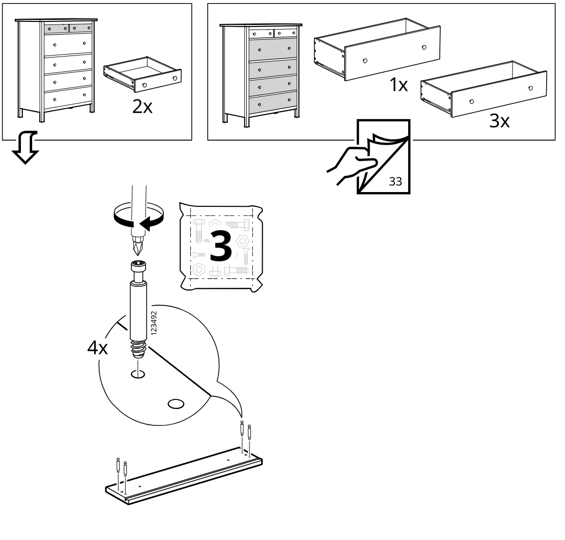 Diagram for step 34: The user screws four cam bolts (123492) into a long panel using hardware bag 3.