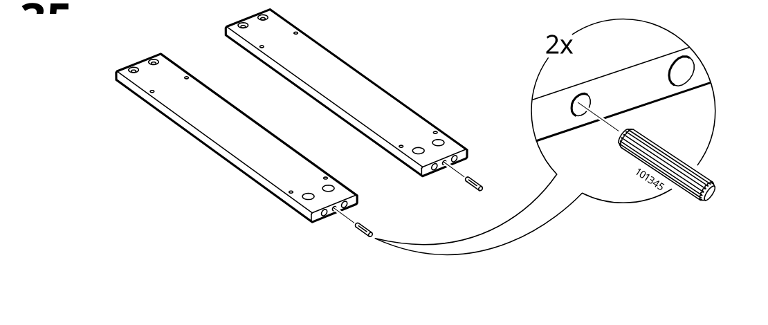 Diagram for step 35: The user inserts two dowels (101345) into the side holes of the two long panels as shown in the zoom callout.