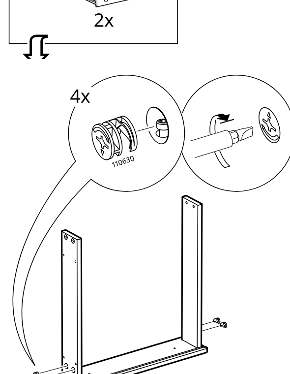 Diagram for step 37: Insert and lock four cam fittings into the side-panel assembly using the detailed cam-orientation callout.