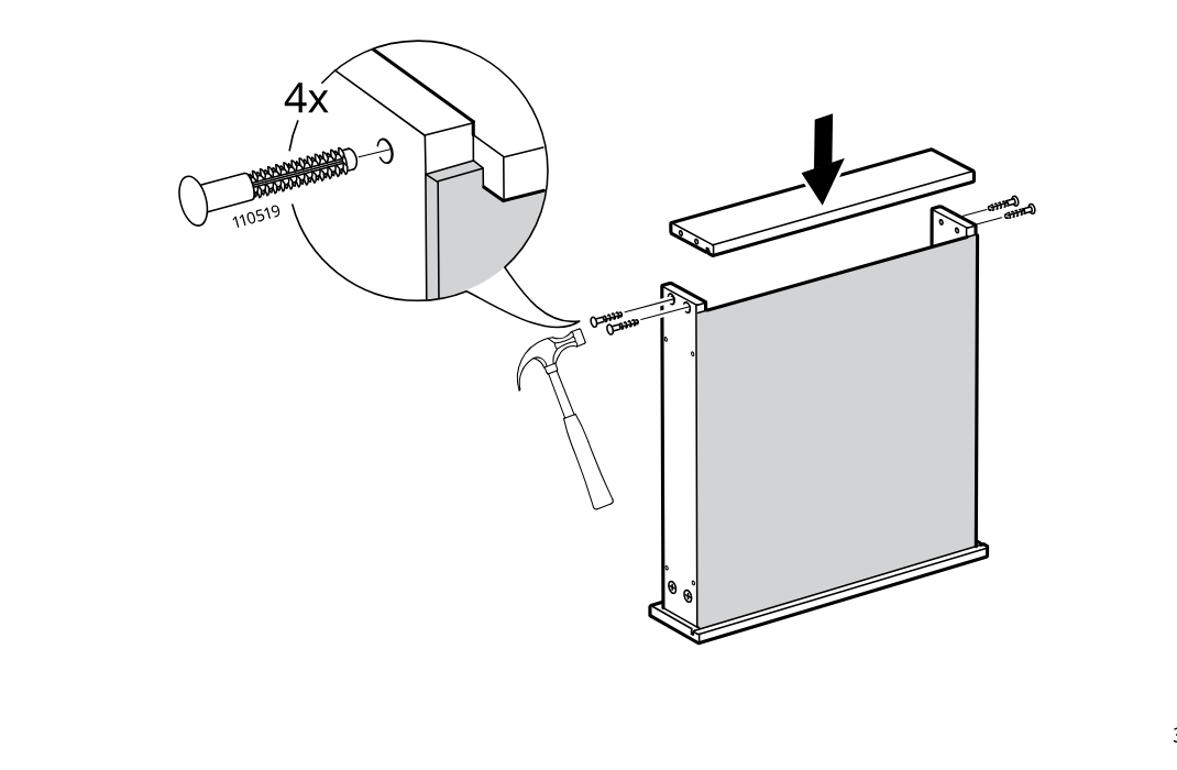 Diagram for step 39: Position the top rail on the side panels and secure it with four nails as shown, using the hammer guidance in the zoom callout.