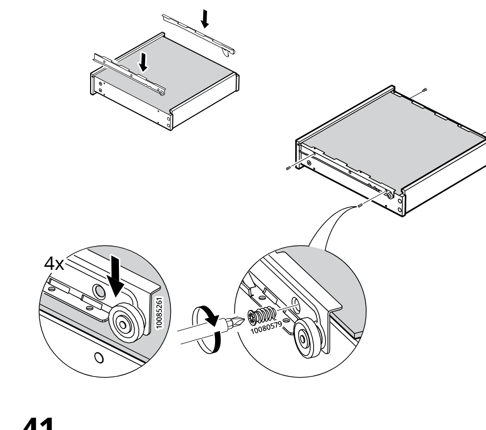 Diagram for step 40: Attach and secure the drawer slide wheel assemblies and screws on the drawer sides, with zoom callouts showing the wheel placement and screw fastening (4x).