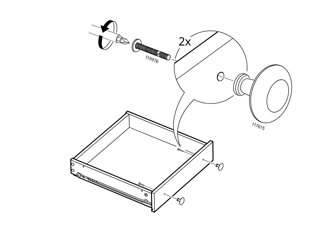 Diagram for step 41: Screw in two long bolts and then press two round knobs onto the drawer side holes, as shown in the enlarged callout.
